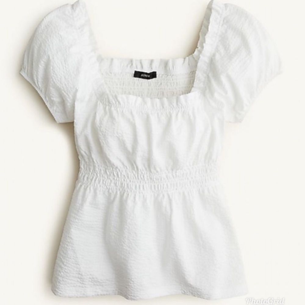 J. Crew J Crew Seersucker Smocked White Puff Sleeve Top